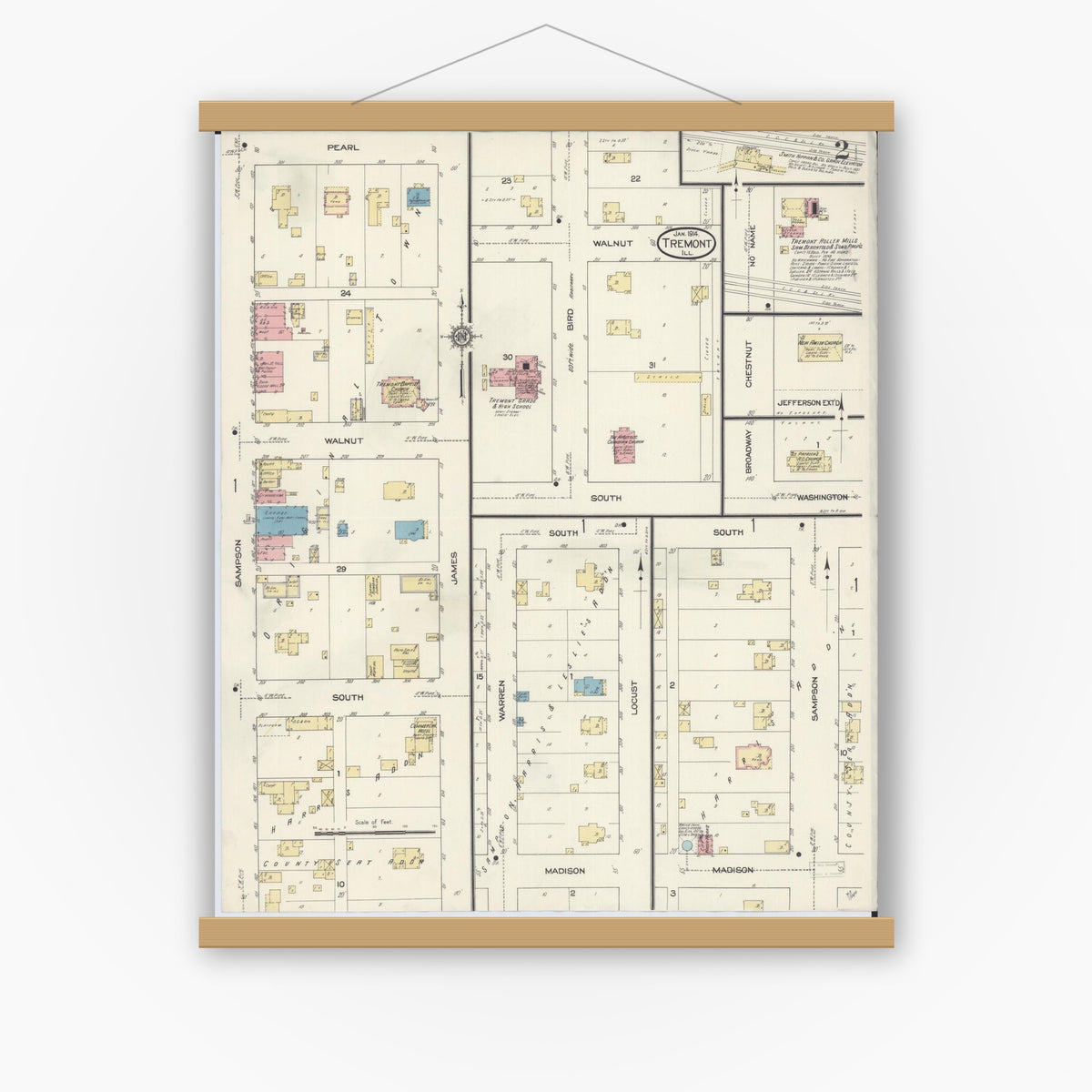 Old map wall art mockup — magnetic wood frame on white wall — Sanborn Fire Insurance Map from Tremont, Tazewell County, Illinois (1914), Sheet #0002