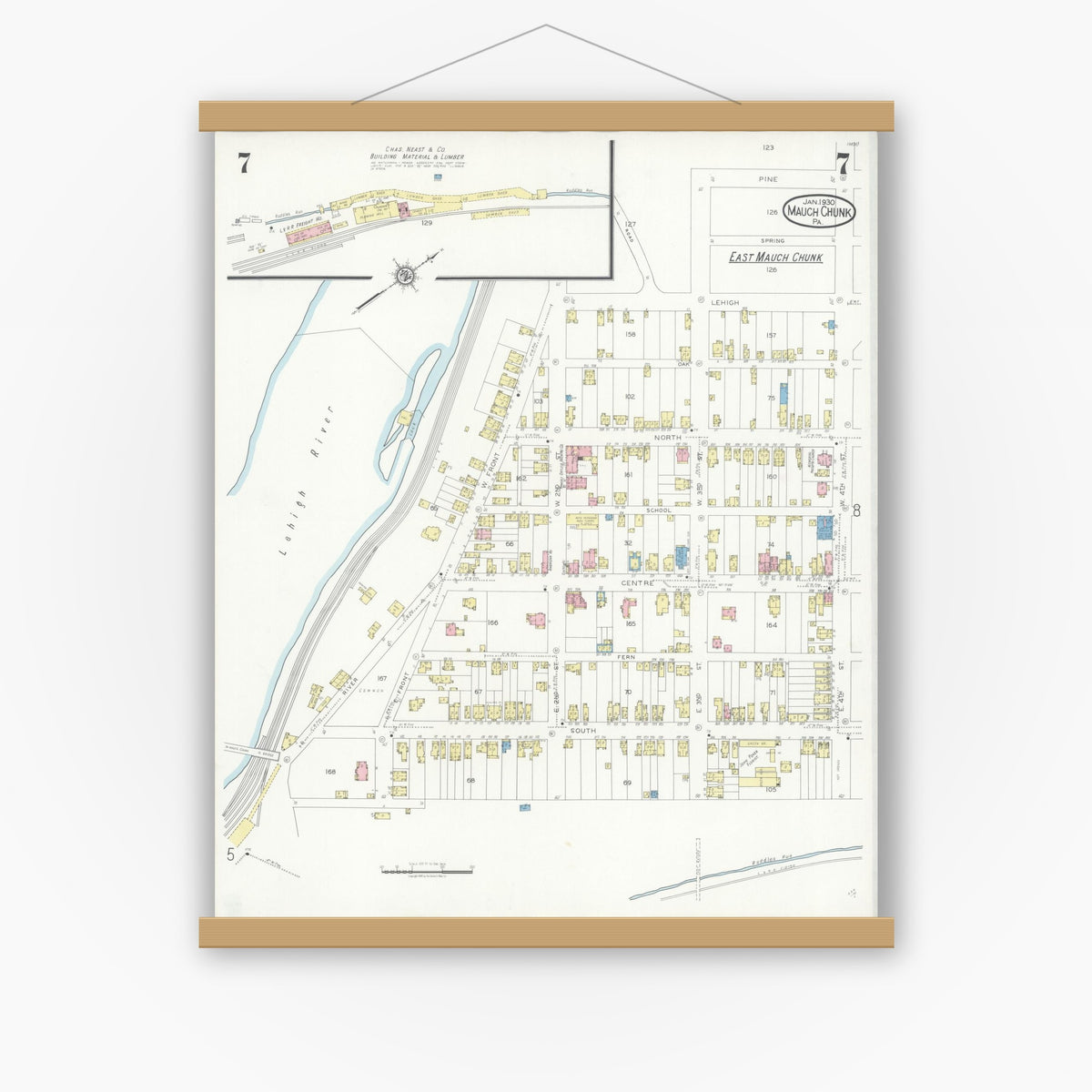 Old map wall art mockup — magnetic wood frame on white wall — Sanborn Fire Insurance Map from Mauch Chunk, Carbon County, Pennsylvania (1930), Sheet #0007