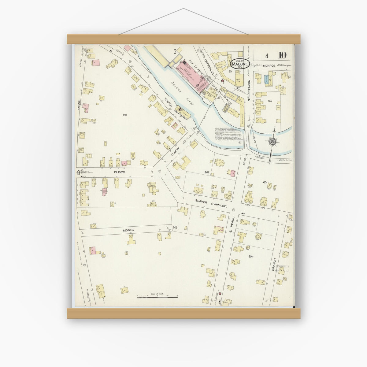 Old map wall art mockup — magnetic wood frame on white wall — Sanborn Fire Insurance Map from Malone, Franklin County, New York (1914), Sheet #0010
