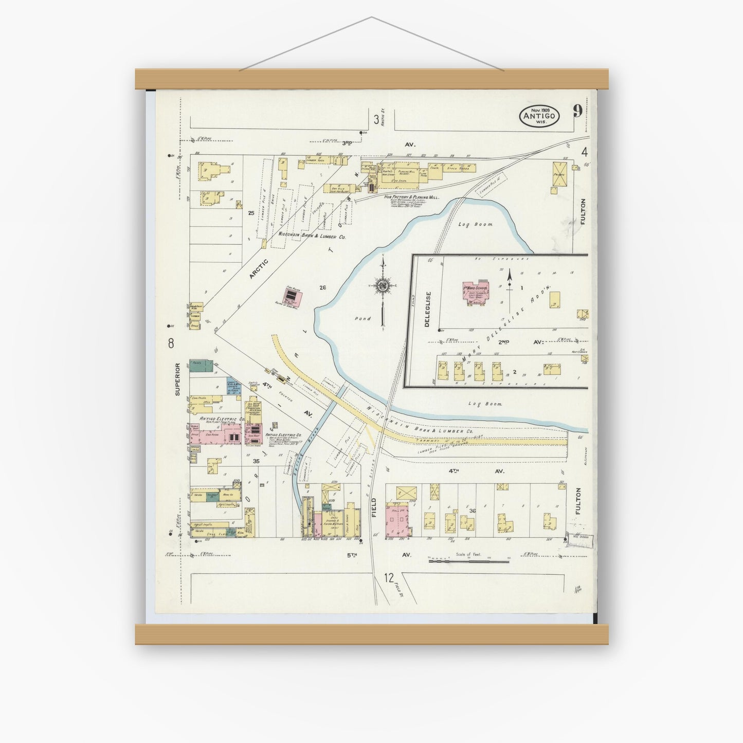 Old map wall art mockup — magnetic wood frame on white wall — Sanborn Fire Insurance Map from Antigo, Langlade County, Wisconsin (1909), Sheet #0009