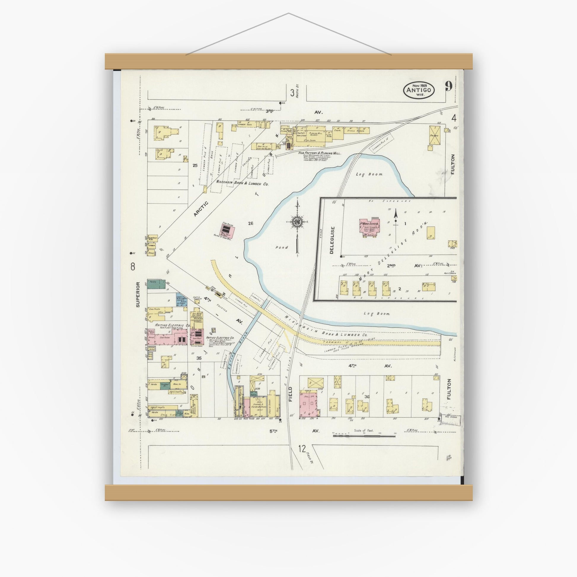 Old map wall art mockup — magnetic wood frame on white wall — Sanborn Fire Insurance Map from Antigo, Langlade County, Wisconsin (1909), Sheet #0009