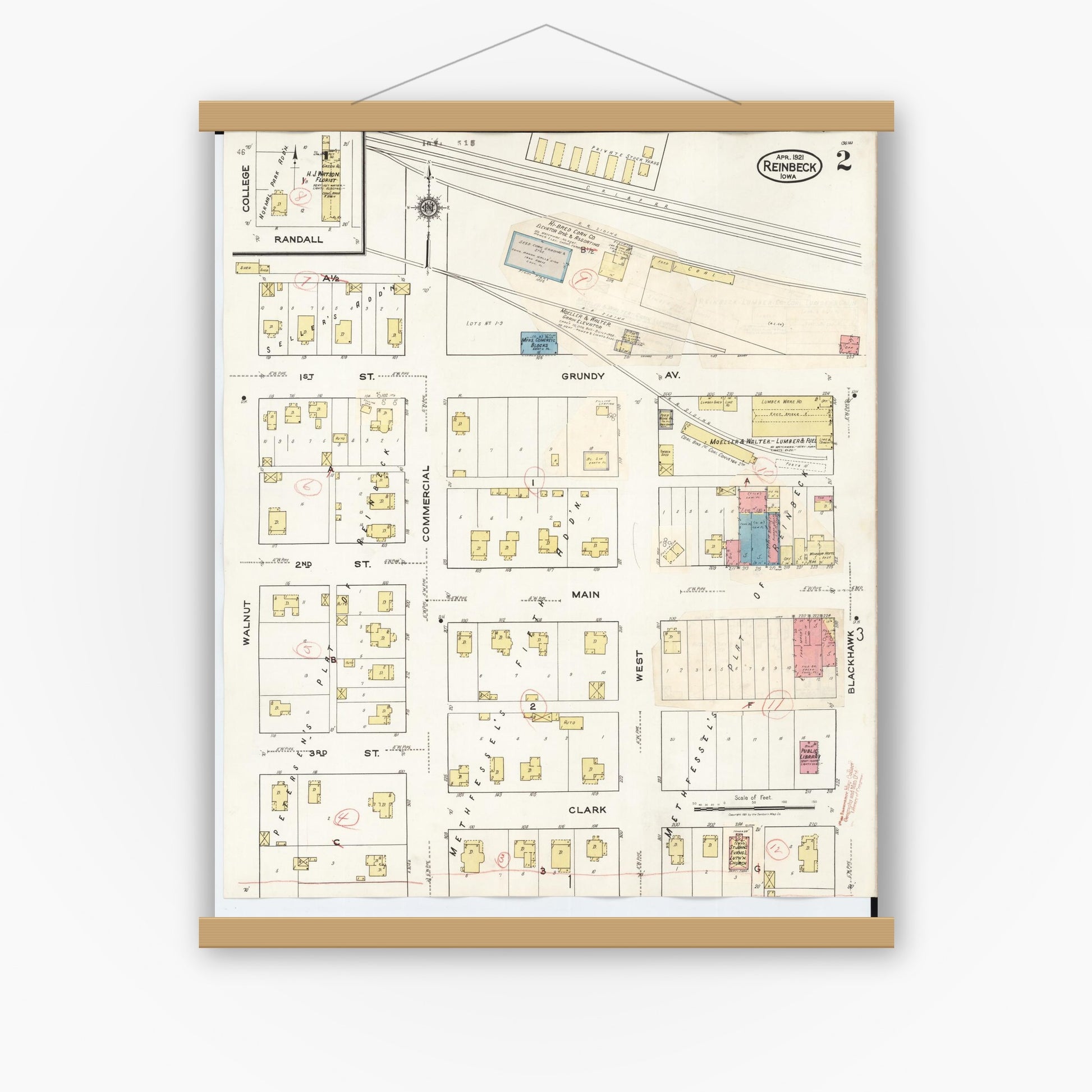 Old map wall art mockup — magnetic wood frame on white wall — Sanborn Fire Insurance Map from Reinbeck, Grundy County, Iowa (1935), Sheet #0002