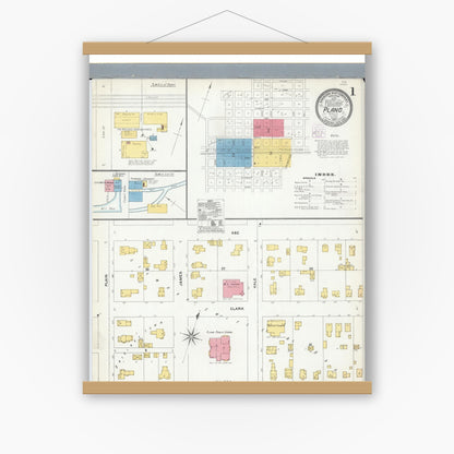 Old map wall art mockup — magnetic wood frame on white wall — Sanborn Fire Insurance Map from Plano, Kendall County, Illinois (1905) - Complete Map Set