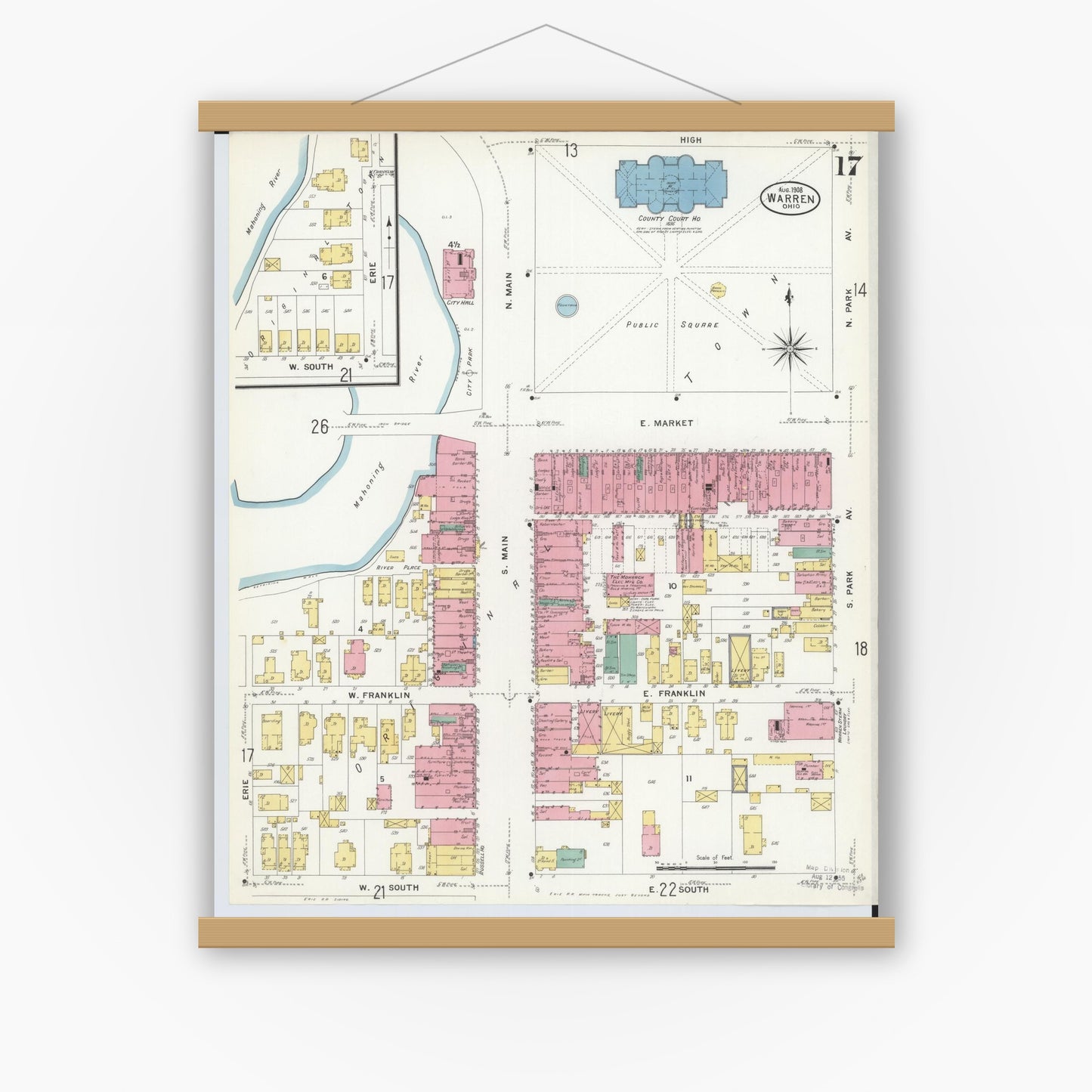Old map wall art mockup — magnetic wood frame on white wall — Sanborn Fire Insurance Map from Warren, Trumbull County, Ohio (1908), Sheet #0017
