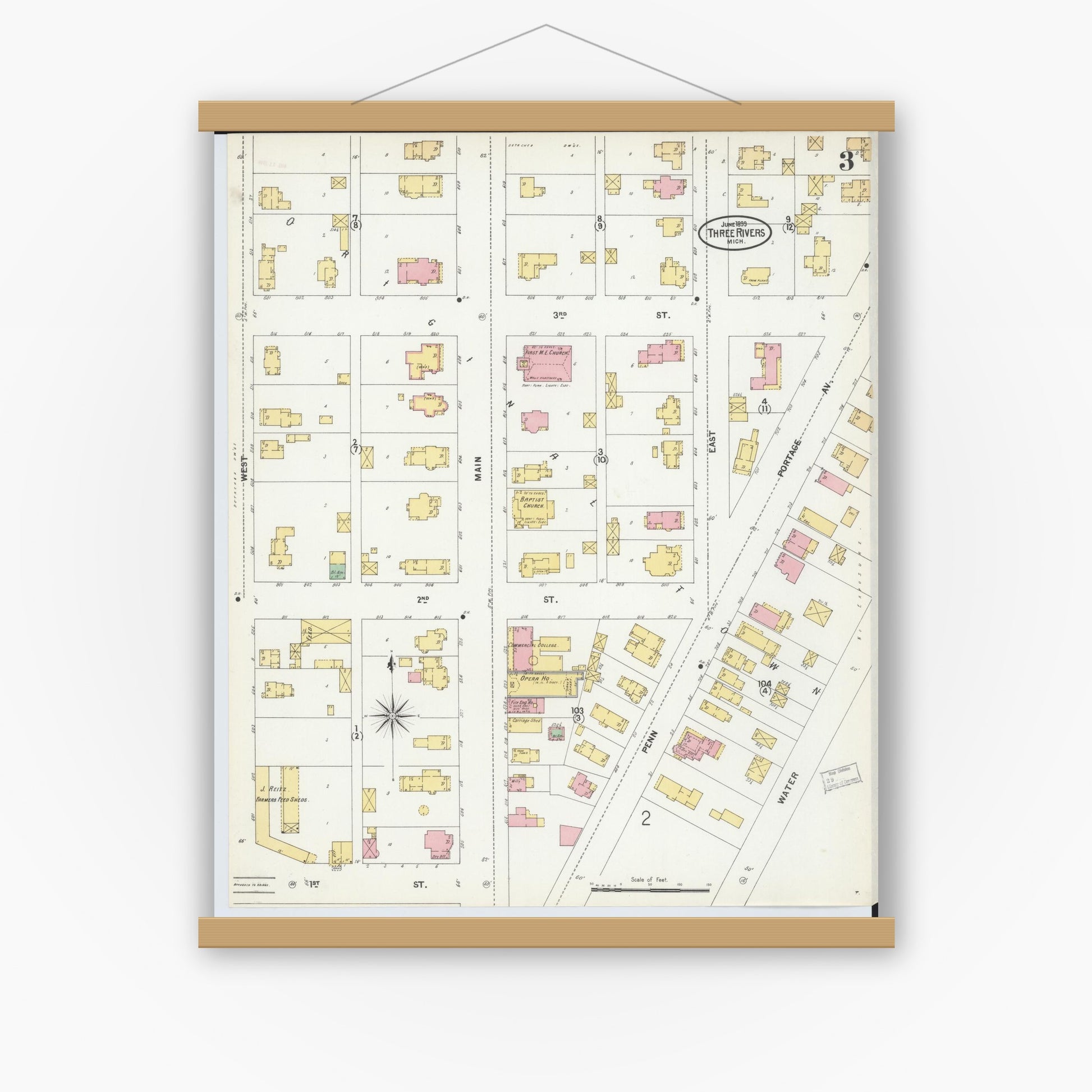Old map wall art mockup — magnetic wood frame on white wall — Sanborn Fire Insurance Map from Three Rivers, Saint Joseph County, Michigan (1899), Sheet #0003