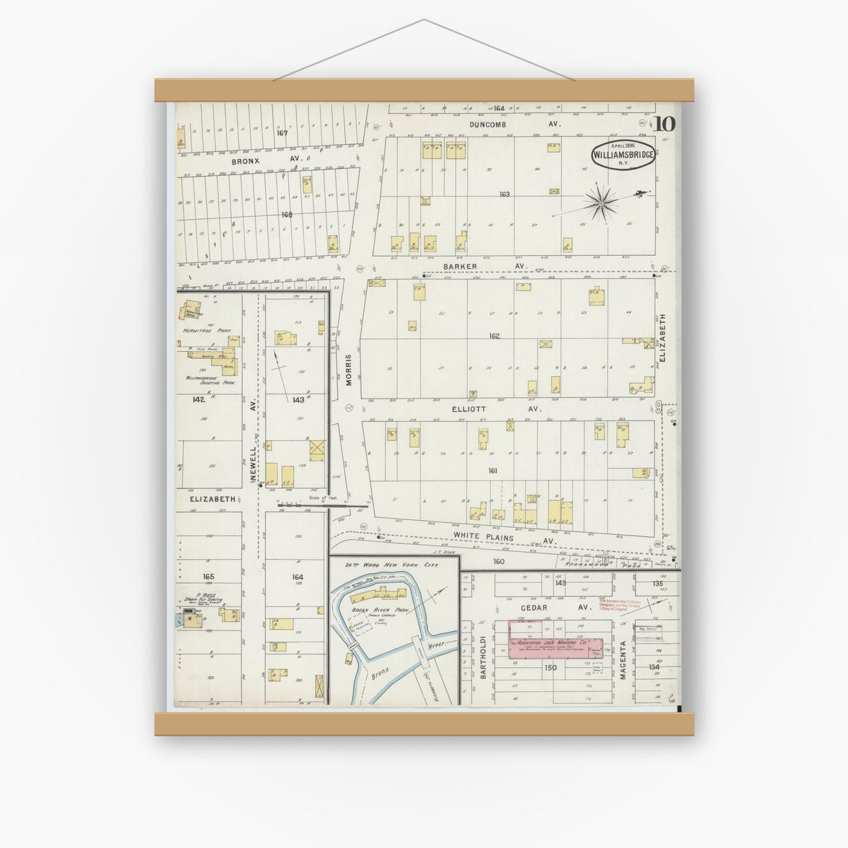 Old map wall art mockup — magnetic wood frame on white wall — Sanborn Fire Insurance Map from Williamsbridge, Westchester County, New York (1895), Sheet #0010