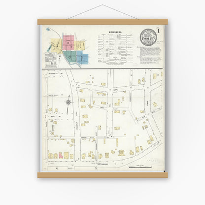 Old map wall art mockup — magnetic wood frame on white wall — Sanborn Fire Insurance Map from Evans City, Butler County, Pennsylvania (1912), Sheet #0001