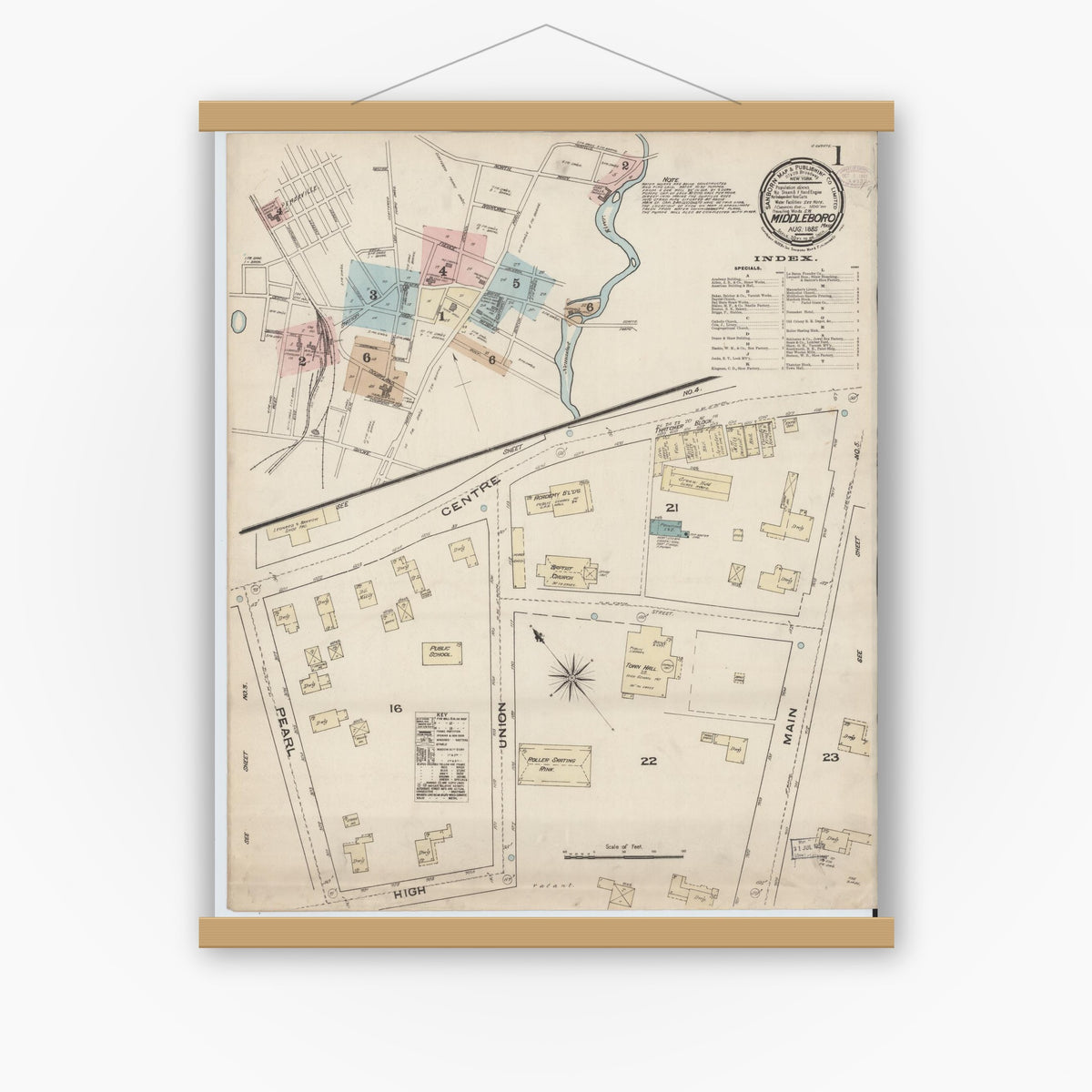 Old map wall art mockup — magnetic wood frame on white wall — Sanborn Fire Insurance Map from Middleboro, Plymouth County, Massachusetts (1885) - Complete Map Set