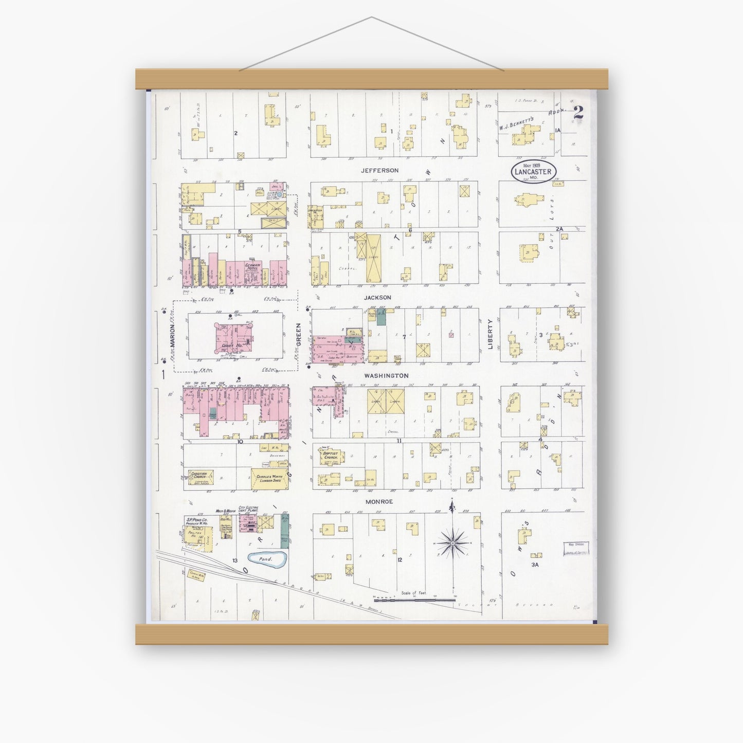 Old map wall art mockup — magnetic wood frame on white wall — Sanborn Fire Insurance Map from Lancaster, Schuyler County, Missouri (1909), Sheet #0002