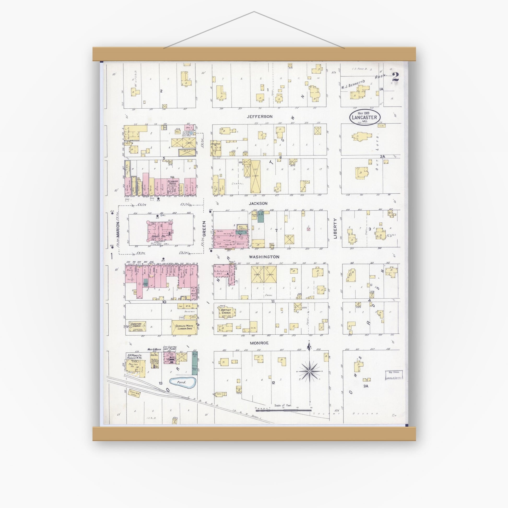 Old map wall art mockup — magnetic wood frame on white wall — Sanborn Fire Insurance Map from Lancaster, Schuyler County, Missouri (1909), Sheet #0002
