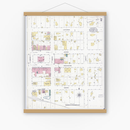 Old map wall art mockup — magnetic wood frame on white wall — Sanborn Fire Insurance Map from Lancaster, Schuyler County, Missouri (1909), Sheet #0002