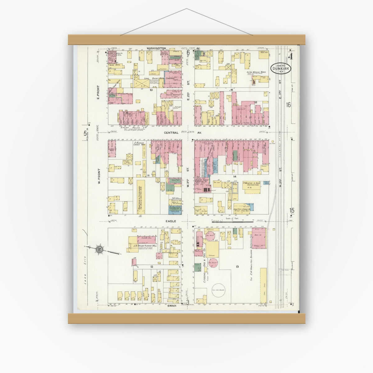 Old map wall art mockup — magnetic wood frame on white wall — Sanborn Fire Insurance Map from Dunkirk, Chautauqua County, New York (1910), Sheet #0004