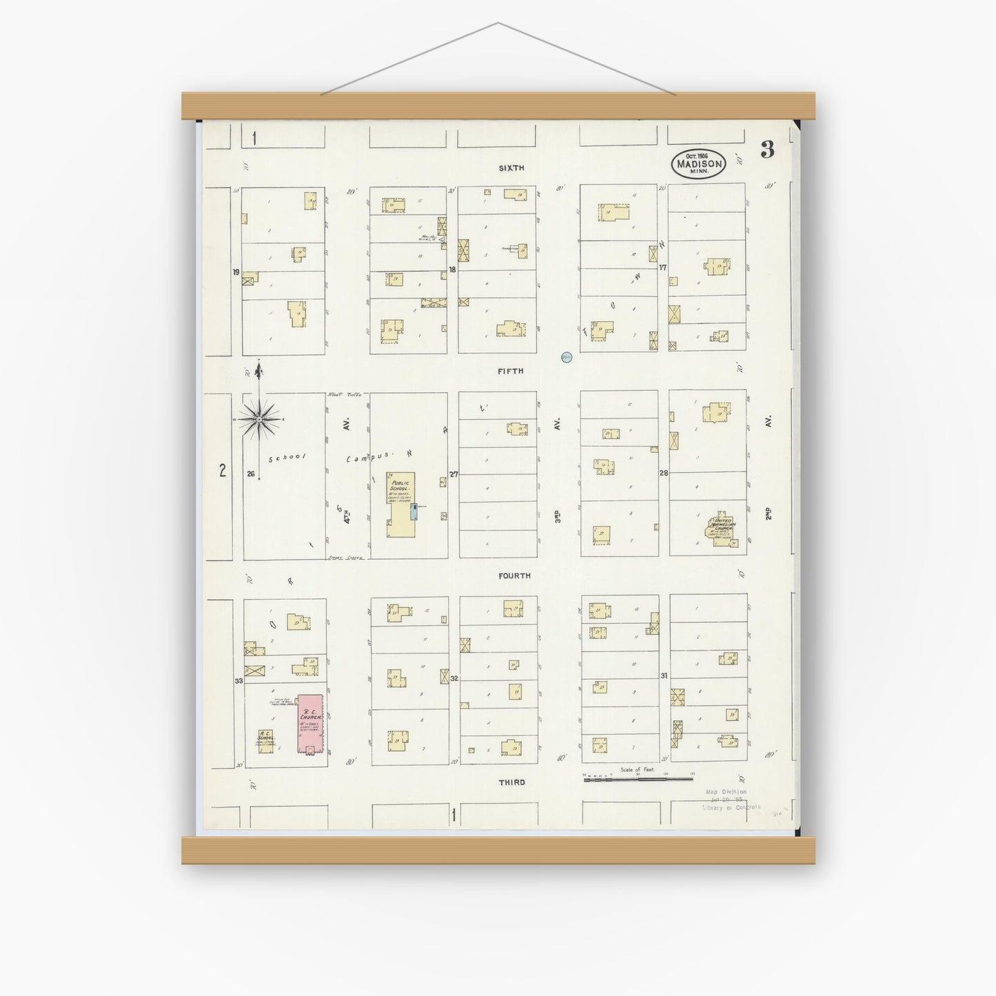 Old map wall art mockup — magnetic wood frame on white wall — Sanborn Fire Insurance Map from Madison, Lac Qui Parle County, Minnesota (1906), Sheet #0003