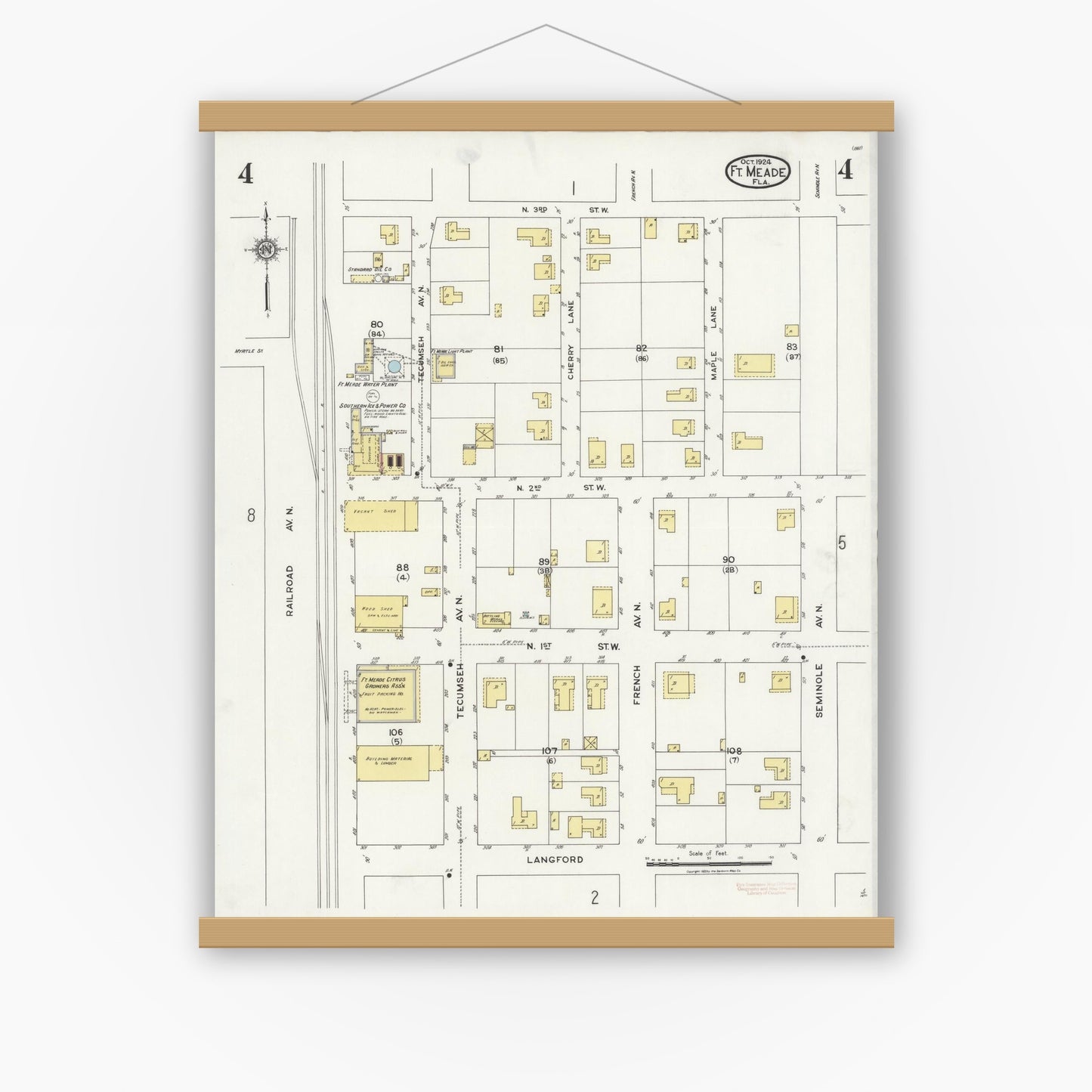 Old map wall art mockup — magnetic wood frame on white wall — Sanborn Fire Insurance Map from Fort Meade, Polk County, Florida (1924), Sheet #0004