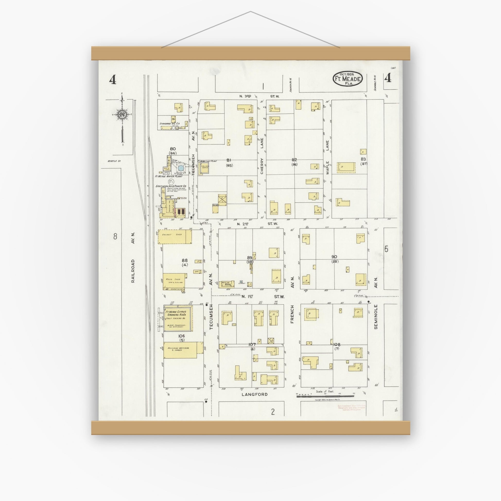 Old map wall art mockup — magnetic wood frame on white wall — Sanborn Fire Insurance Map from Fort Meade, Polk County, Florida (1924), Sheet #0004