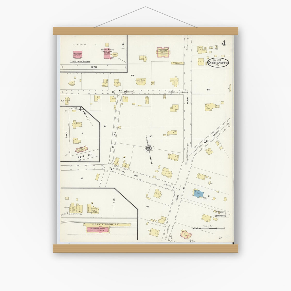 Old map wall art mockup — magnetic wood frame on white wall — Sanborn Fire Insurance Map from Christiansburg, Montgomery County, Virginia (1913), Sheet #0004