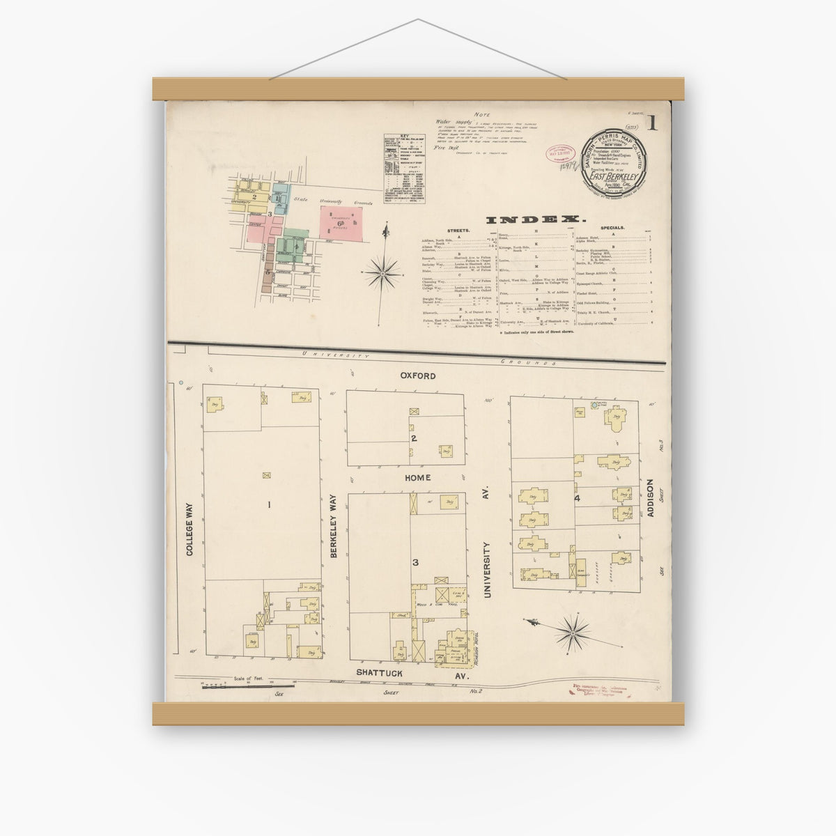 Old map wall art mockup — magnetic wood frame on white wall — Sanborn Fire Insurance Map from East Berkeley, Alameda County, California (1890) - Complete Map Set