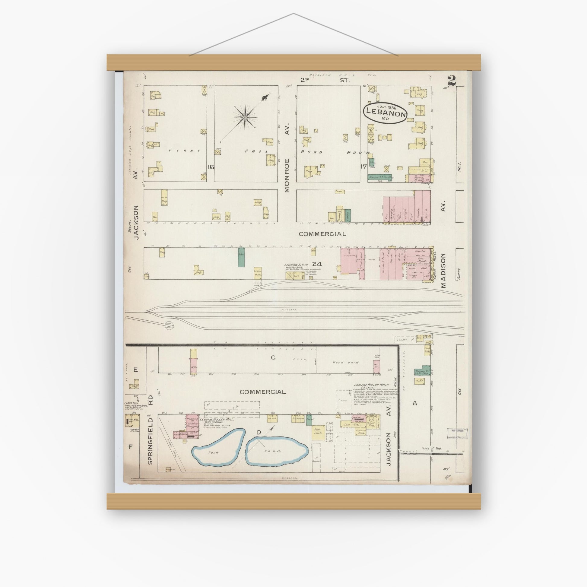Old map wall art mockup — magnetic wood frame on white wall — Sanborn Fire Insurance Map from Lebanon, Laclede County, Missouri (1886), Sheet #0002