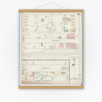Old map wall art mockup — magnetic wood frame on white wall — Sanborn Fire Insurance Map from Lebanon, Laclede County, Missouri (1886), Sheet #0002