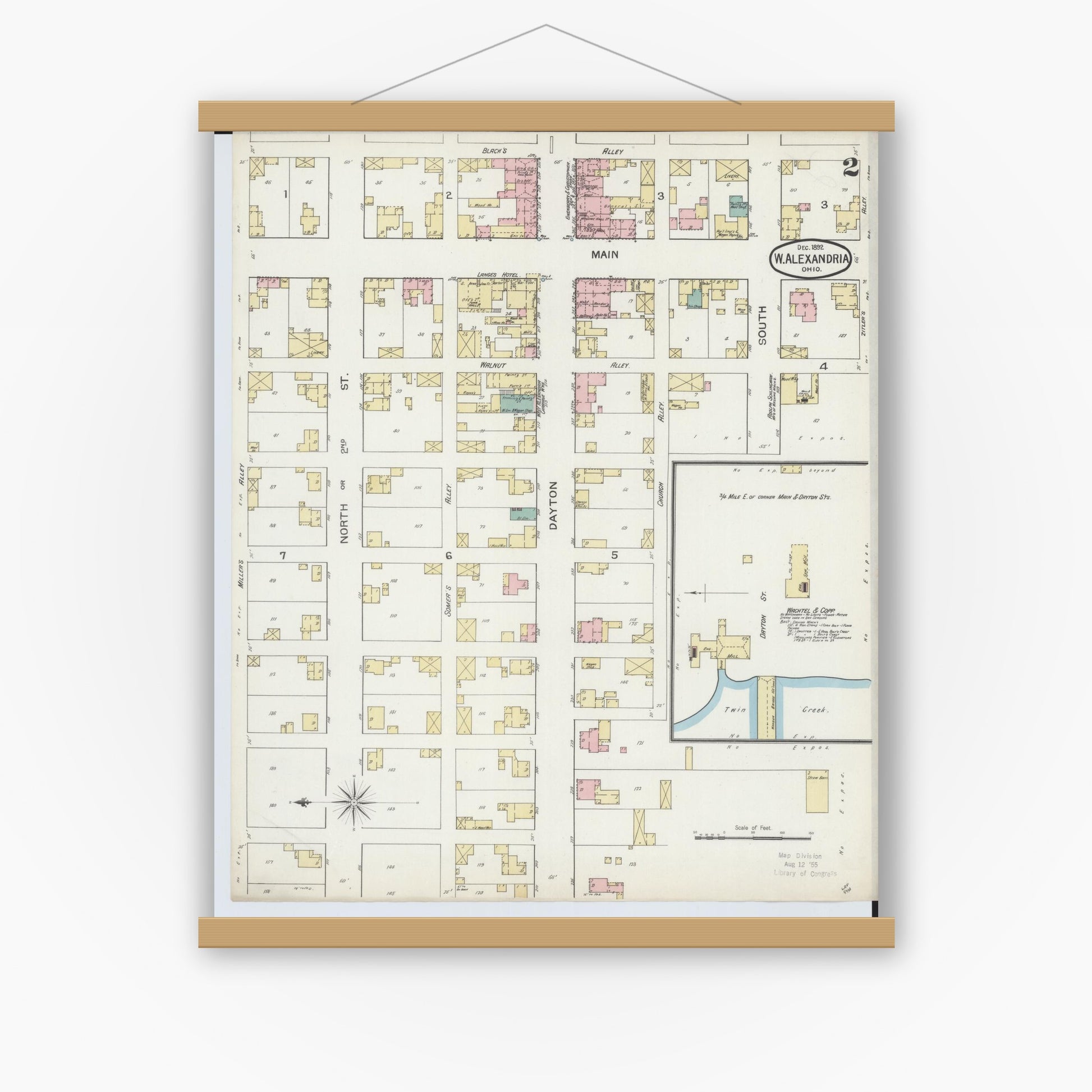 Old map wall art mockup — magnetic wood frame on white wall — Sanborn Fire Insurance Map from West Alexandria, Preble County, Ohio (1892), Sheet #0002