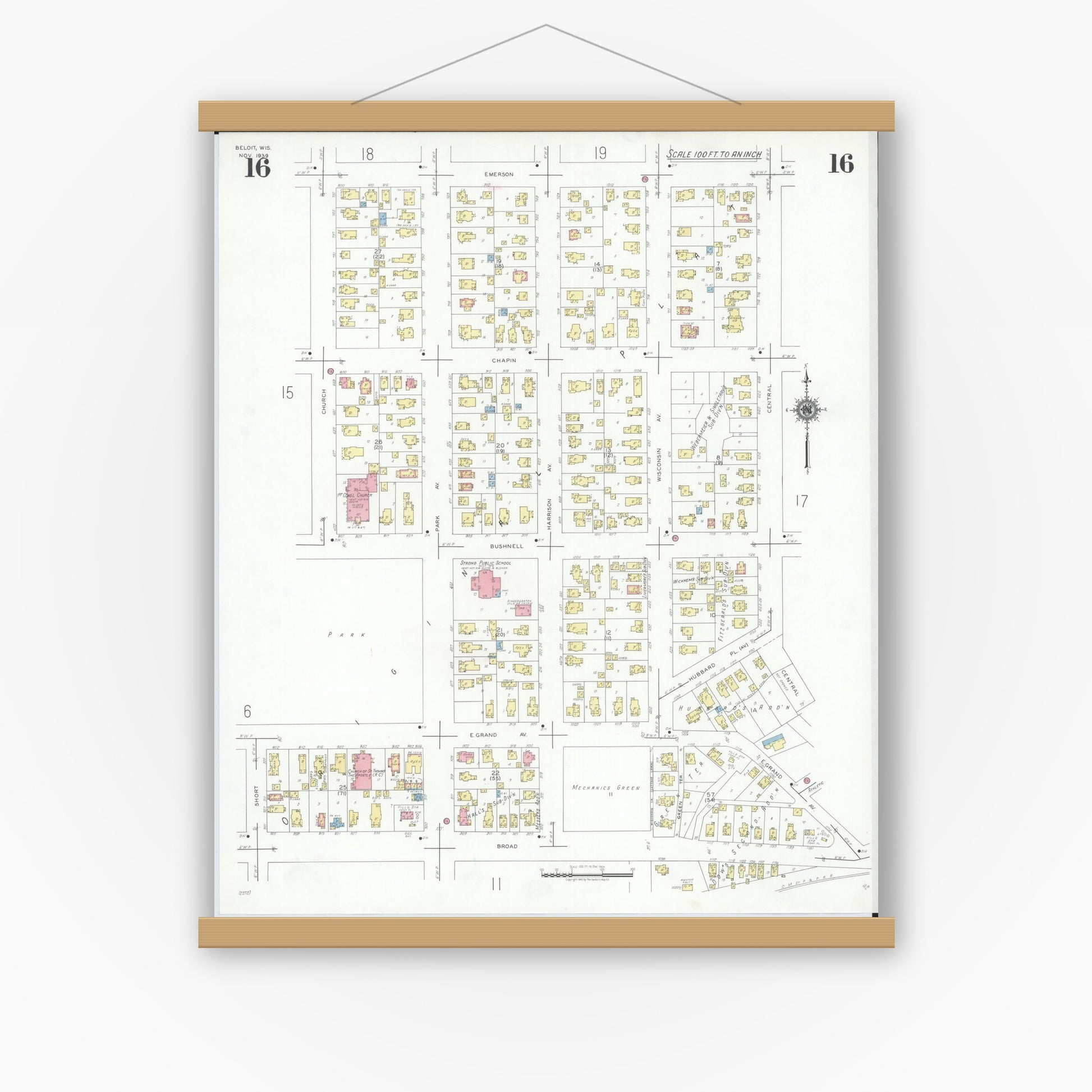 Old map wall art mockup — magnetic wood frame on white wall — Sanborn Fire Insurance Map from Beloit, Rock County, Wisconsin (1939), Sheet #0016