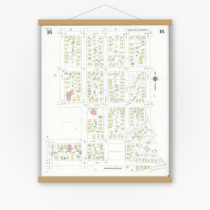 Old map wall art mockup — magnetic wood frame on white wall — Sanborn Fire Insurance Map from Beloit, Rock County, Wisconsin (1939), Sheet #0016