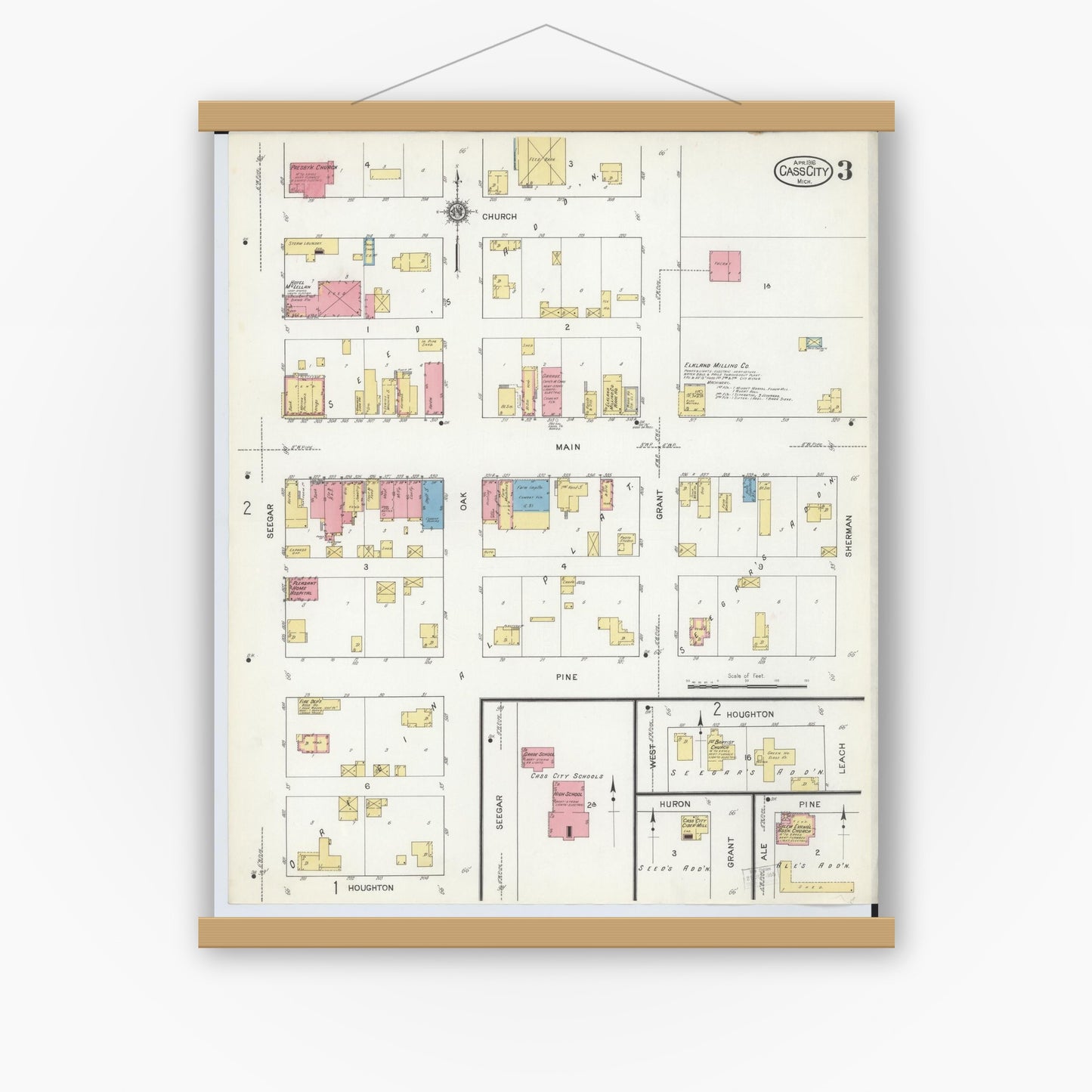 Old map wall art mockup — magnetic wood frame on white wall — Sanborn Fire Insurance Map from Cass City, Tuscola County, Michigan (1916), Sheet #0003
