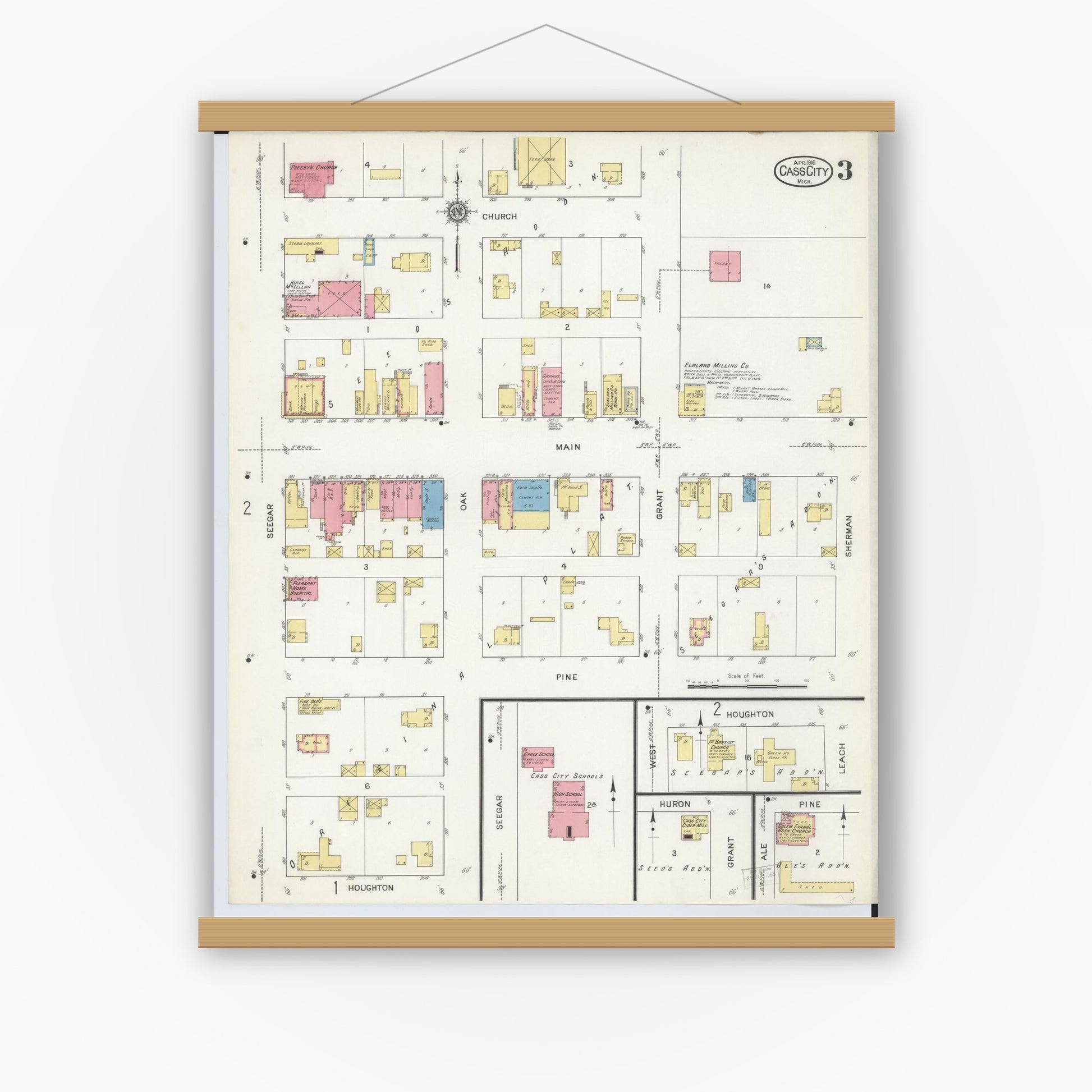 Old map wall art mockup — magnetic wood frame on white wall — Sanborn Fire Insurance Map from Cass City, Tuscola County, Michigan (1916), Sheet #0003