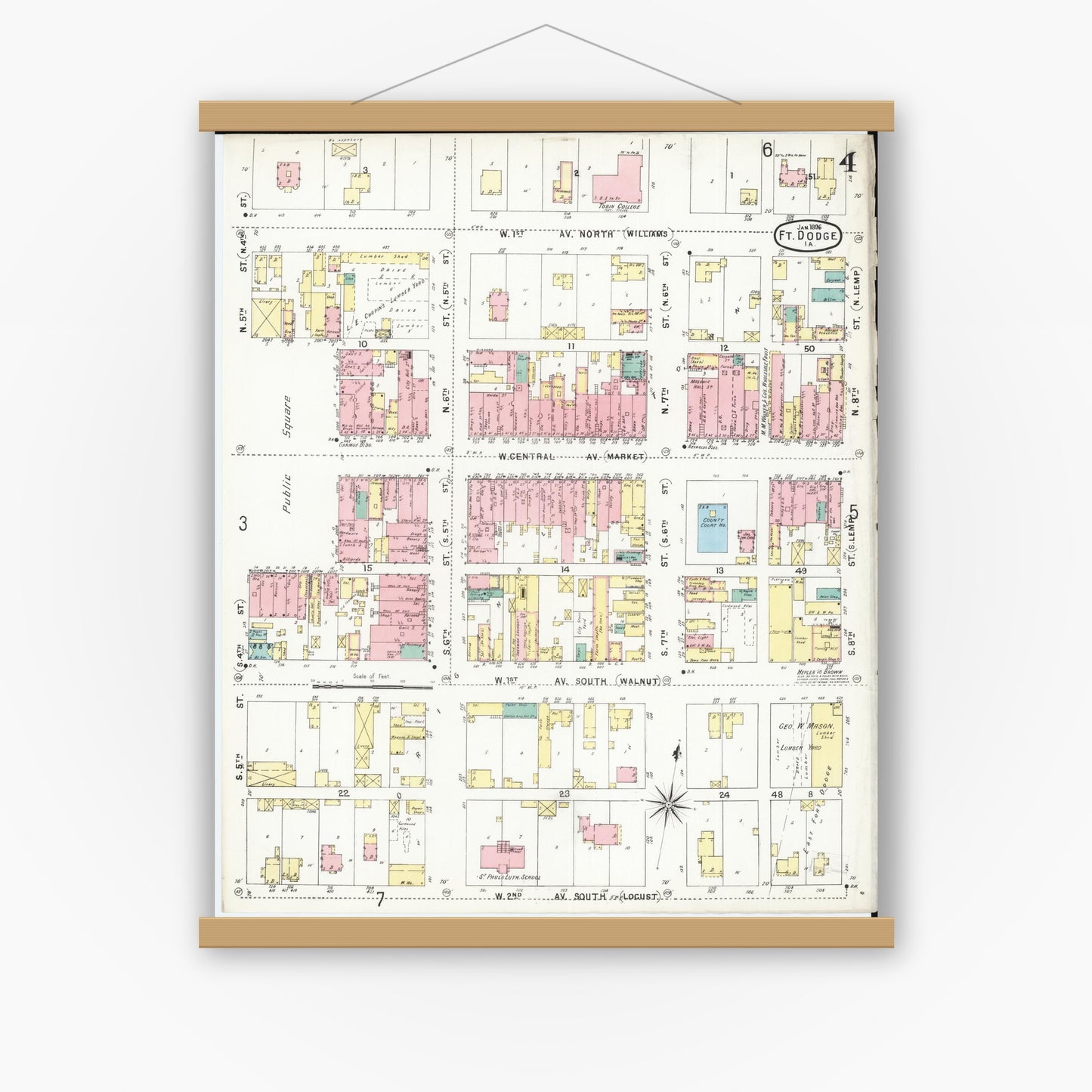 Old map wall art mockup — magnetic wood frame on white wall — Sanborn Fire Insurance Map from Fort Dodge, Webster County, Iowa (1896), Sheet #0004