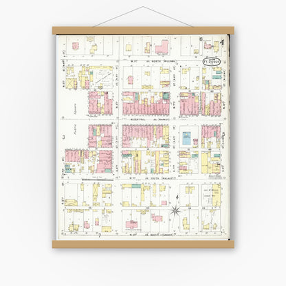 Old map wall art mockup — magnetic wood frame on white wall — Sanborn Fire Insurance Map from Fort Dodge, Webster County, Iowa (1896), Sheet #0004
