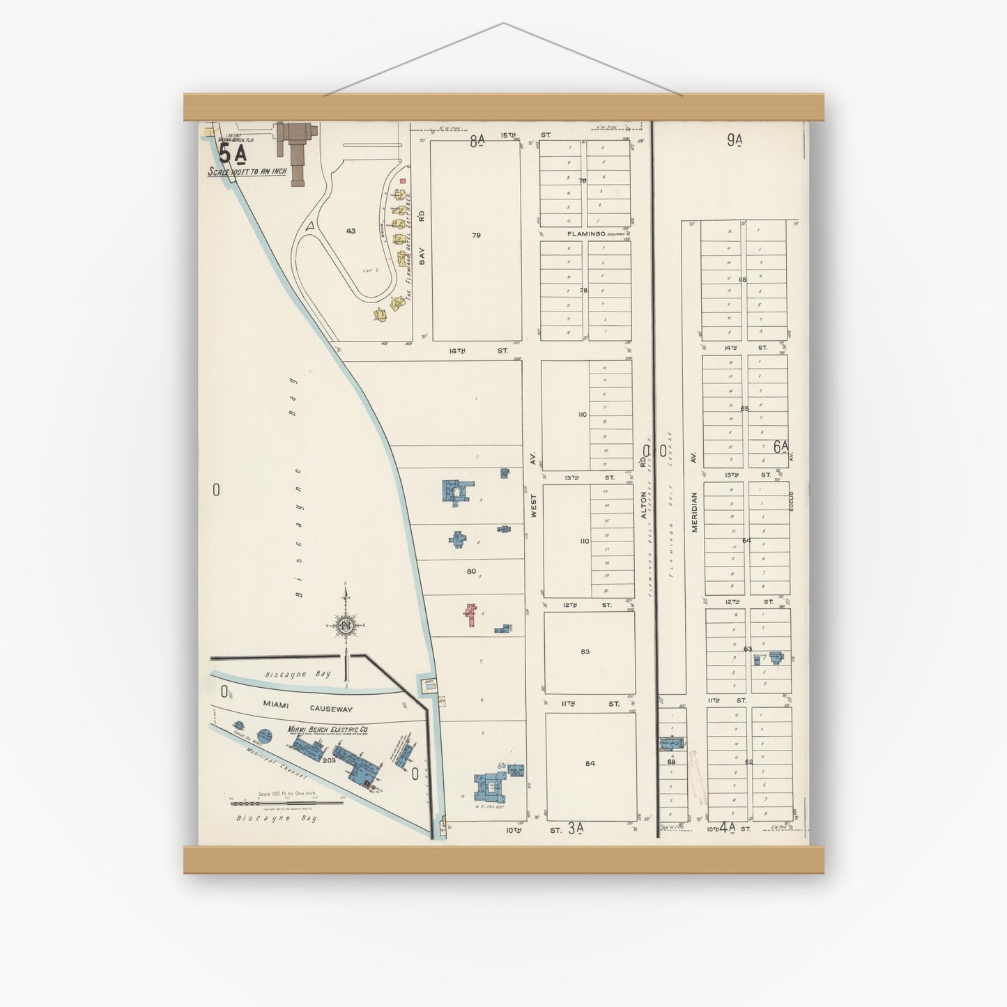 Old map wall art mockup — magnetic wood frame on white wall — Sanborn Fire Insurance Map from Miami Beach, Dade County, Florida (1921), Sheet #0005