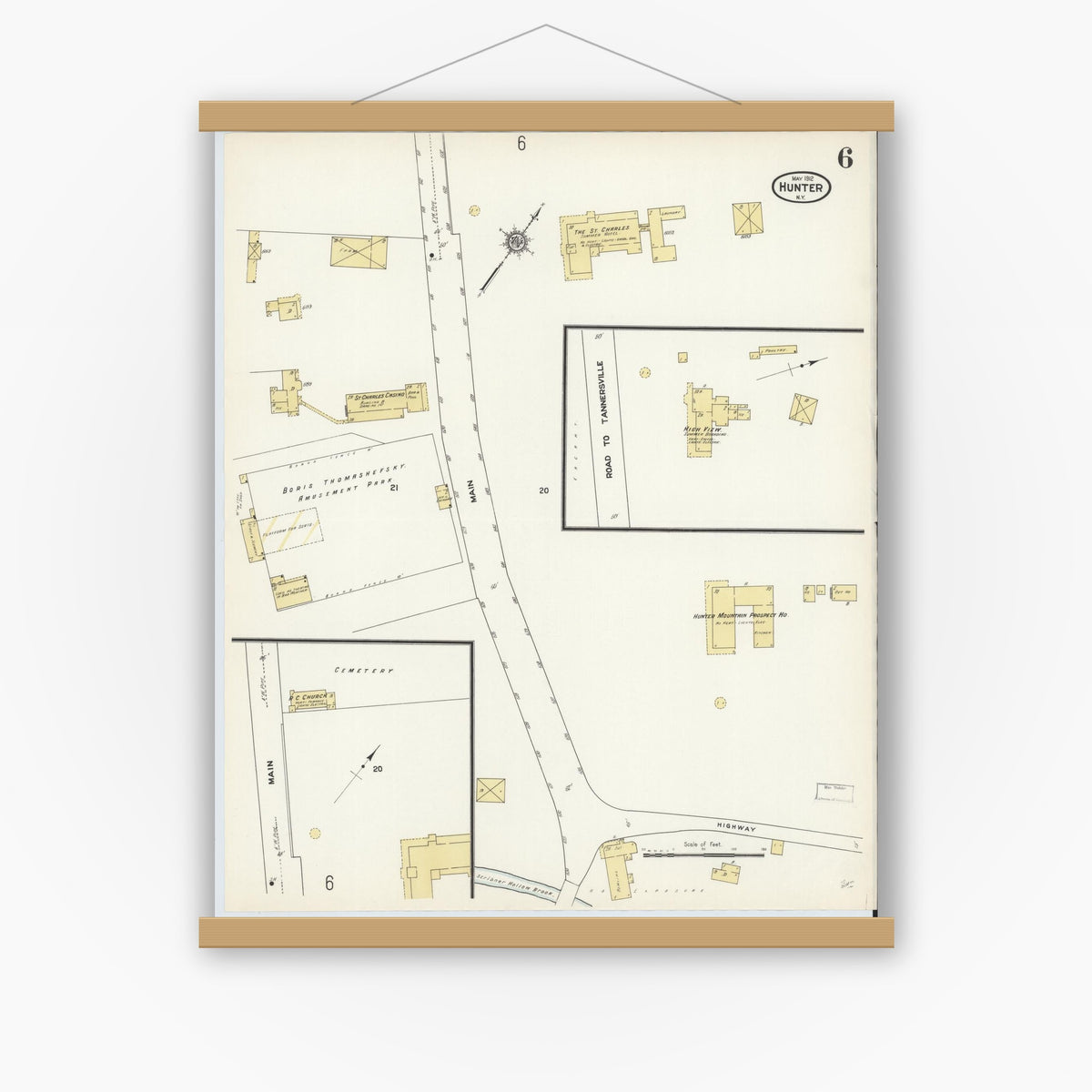 Old map wall art mockup — magnetic wood frame on white wall — Sanborn Fire Insurance Map from Hunter, Greene County, New York (1912), Sheet #0006