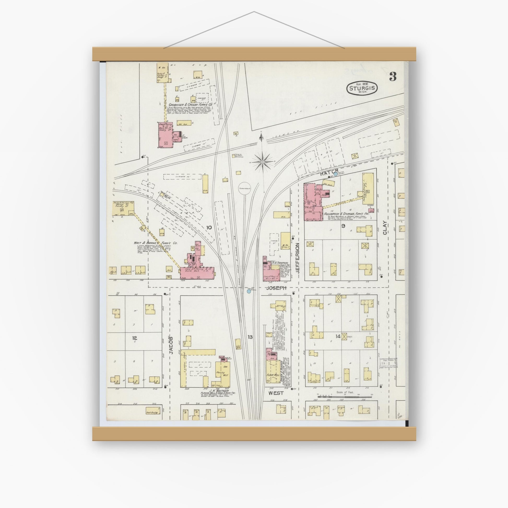 Old map wall art mockup — magnetic wood frame on white wall — Sanborn Fire Insurance Map from Sturgis, Saint Joseph County, Michigan (1892), Sheet #0003