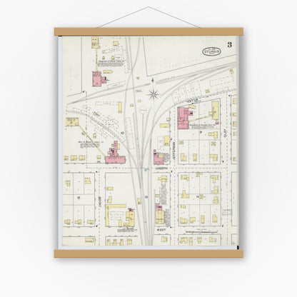 Old map wall art mockup — magnetic wood frame on white wall — Sanborn Fire Insurance Map from Sturgis, Saint Joseph County, Michigan (1892), Sheet #0003