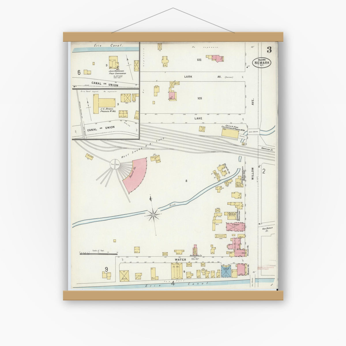 Old map wall art mockup — magnetic wood frame on white wall — Sanborn Fire Insurance Map from Newark, Wayne County, New York (1898), Sheet #0003