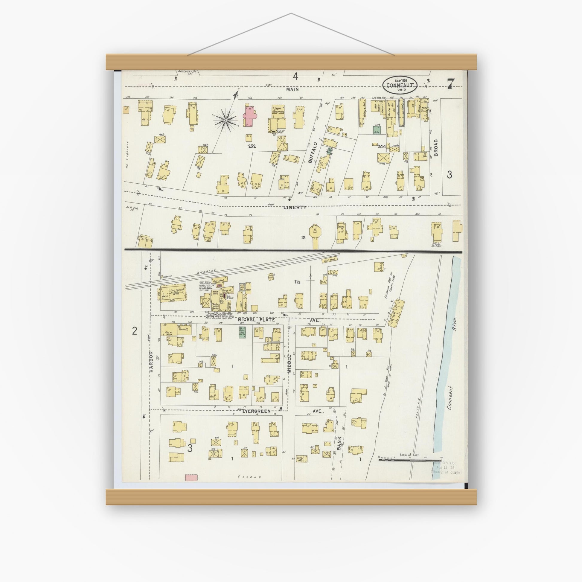 Old map wall art mockup — magnetic wood frame on white wall — Sanborn Fire Insurance Map from Conneaut, Ashtabula County, Ohio (1898), Sheet #0007