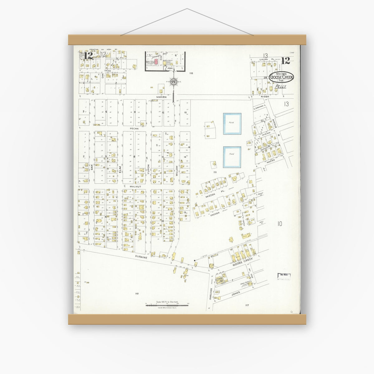 Old map wall art mockup — magnetic wood frame on white wall — Sanborn Fire Insurance Map from Goose Creek, Harris County, Texas (1926), Sheet #0012