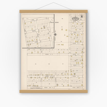 Old map wall art mockup — magnetic wood frame on white wall — Sanborn Fire Insurance Map from Robstown, Nueces County, Texas (1922), Sheet #0006