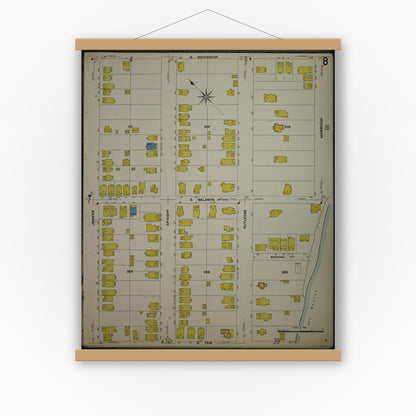 Old map wall art mockup — magnetic wood frame on white wall — Sanborn Fire Insurance Map from Madison, Dane County, Wisconsin (1908), Sheet #0008