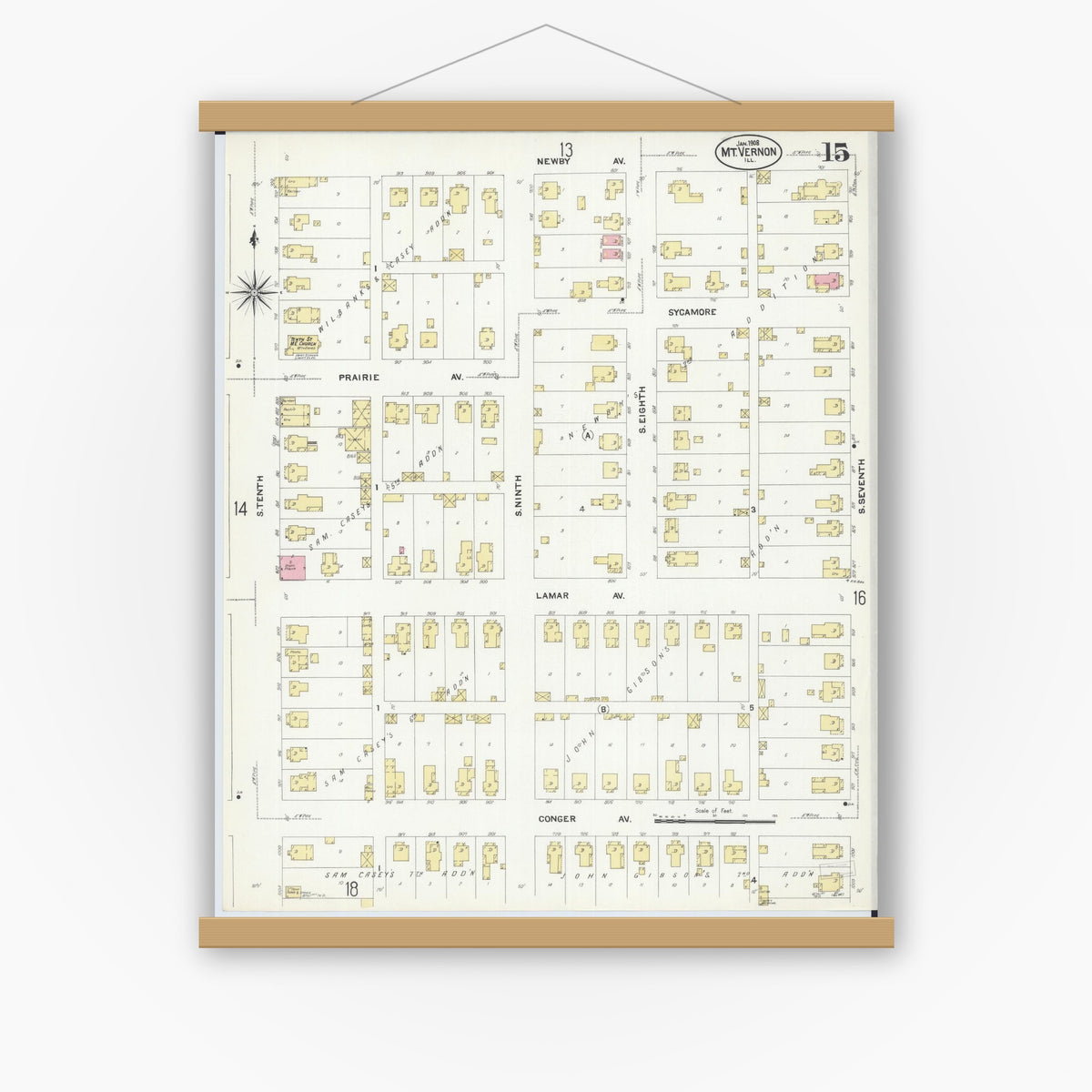 Old map wall art mockup — magnetic wood frame on white wall — Sanborn Fire Insurance Map from Mount Vernon, Jefferson County, Illinois (1908), Sheet #0015