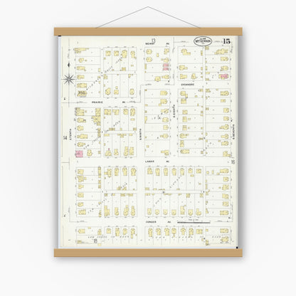 Old map wall art mockup — magnetic wood frame on white wall — Sanborn Fire Insurance Map from Mount Vernon, Jefferson County, Illinois (1908), Sheet #0015