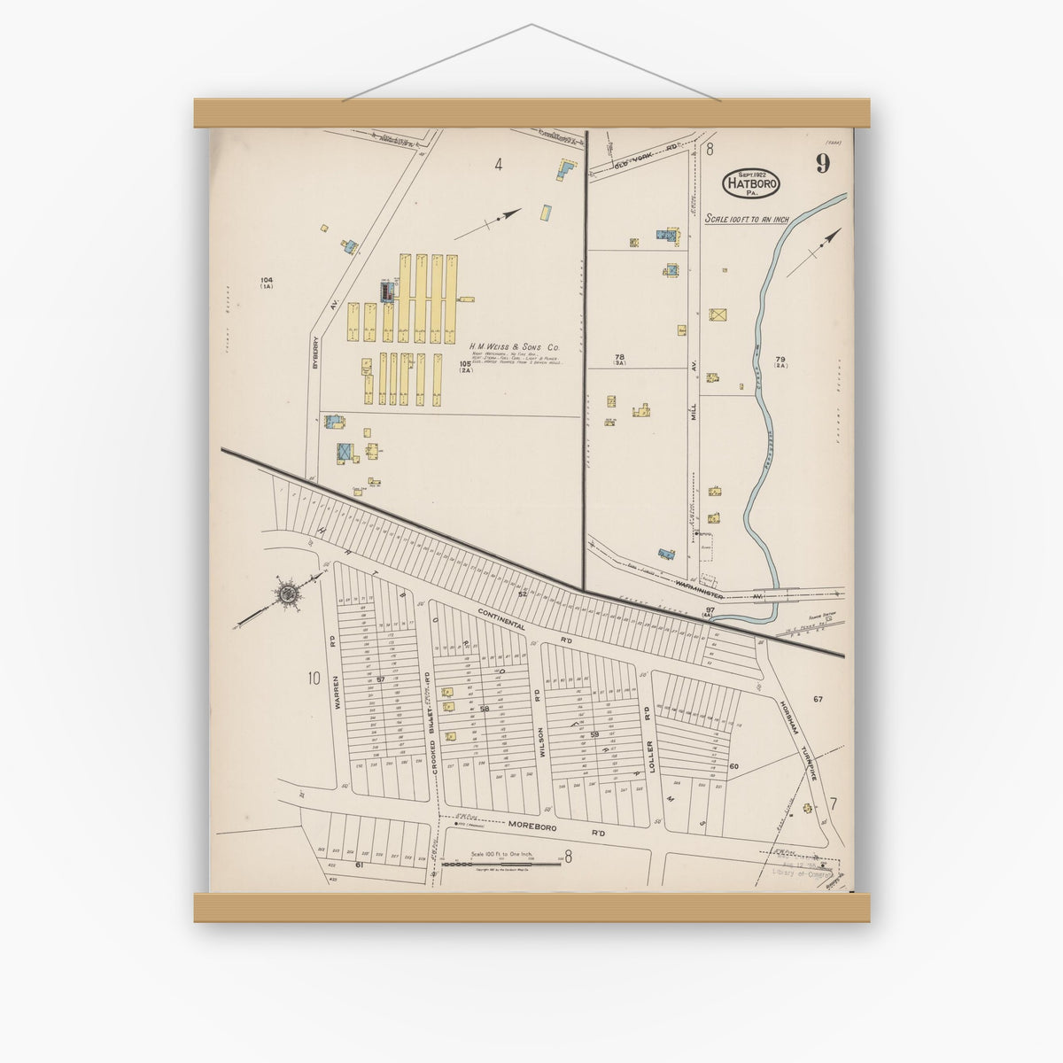Old map wall art mockup — magnetic wood frame on white wall — Sanborn Fire Insurance Map from Hatboro, Montgomery County, Pennsylvania (1922), Sheet #0009