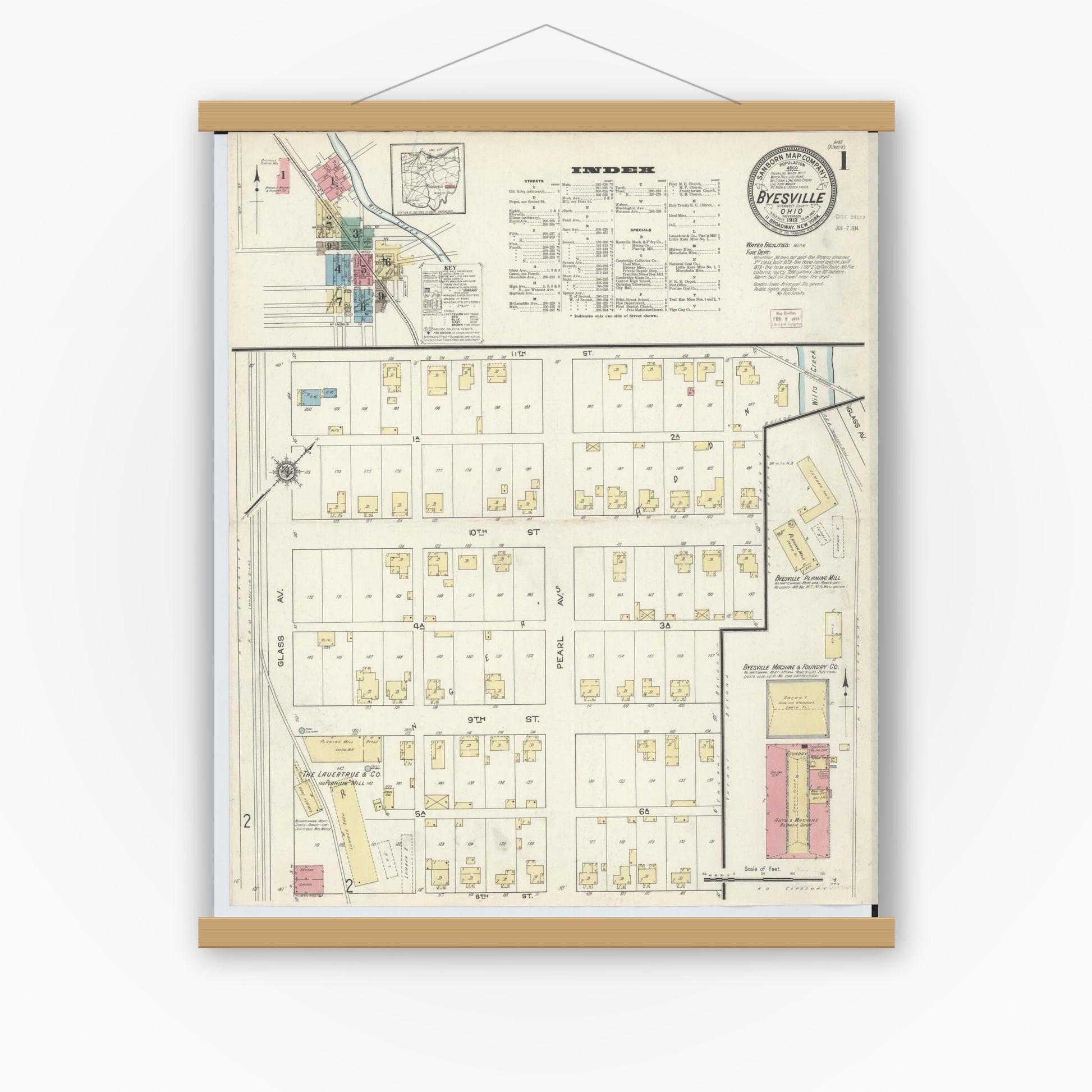 Old map wall art mockup — magnetic wood frame on white wall — Sanborn Fire Insurance Map from Byesville, Guernsey County, Ohio (1913), Sheet #0001
