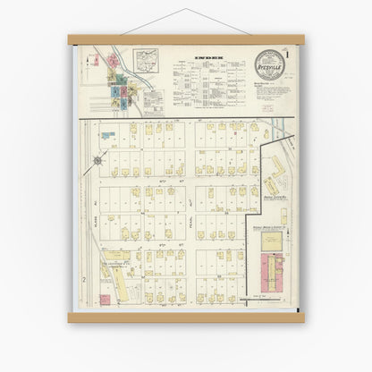 Old map wall art mockup — magnetic wood frame on white wall — Sanborn Fire Insurance Map from Byesville, Guernsey County, Ohio (1913), Sheet #0001