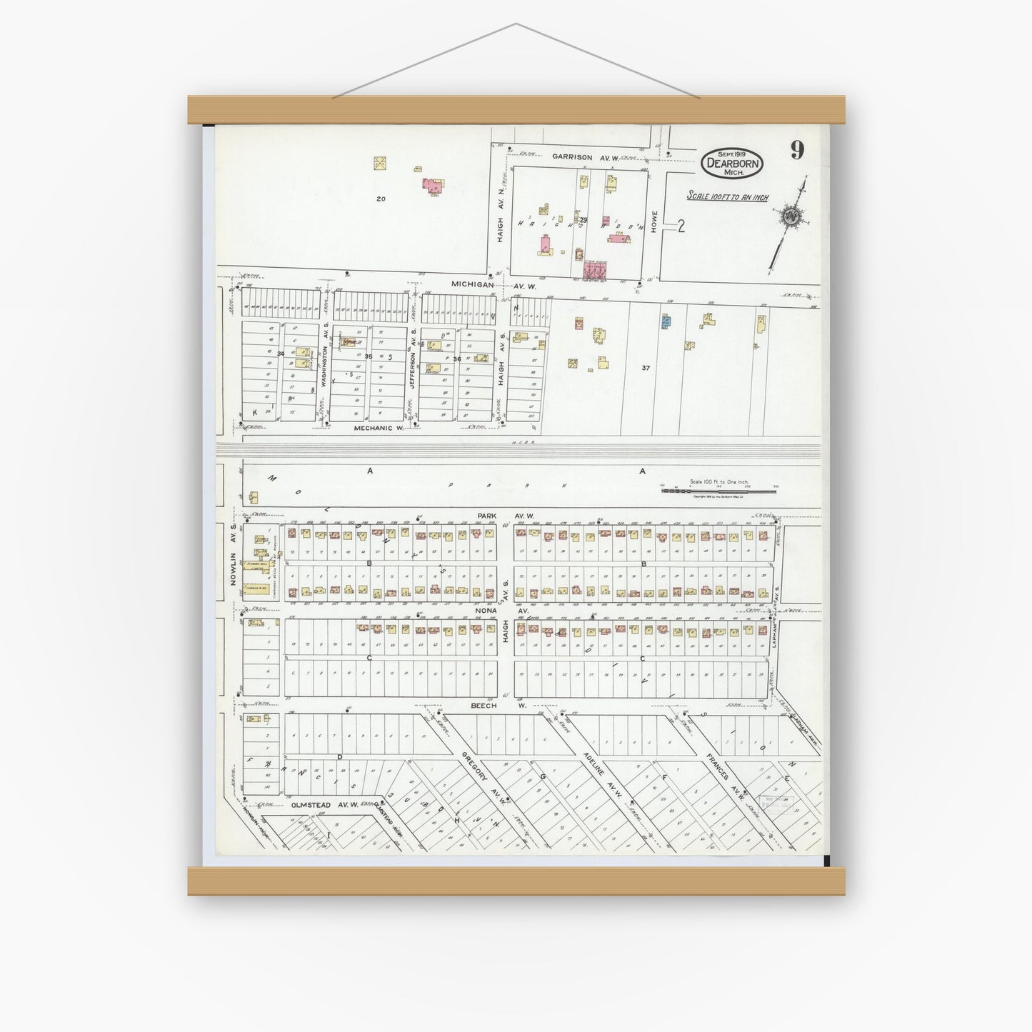 Old map wall art mockup — magnetic wood frame on white wall — Sanborn Fire Insurance Map from Dearborn, Wayne County, Michigan (1919), Sheet #0009