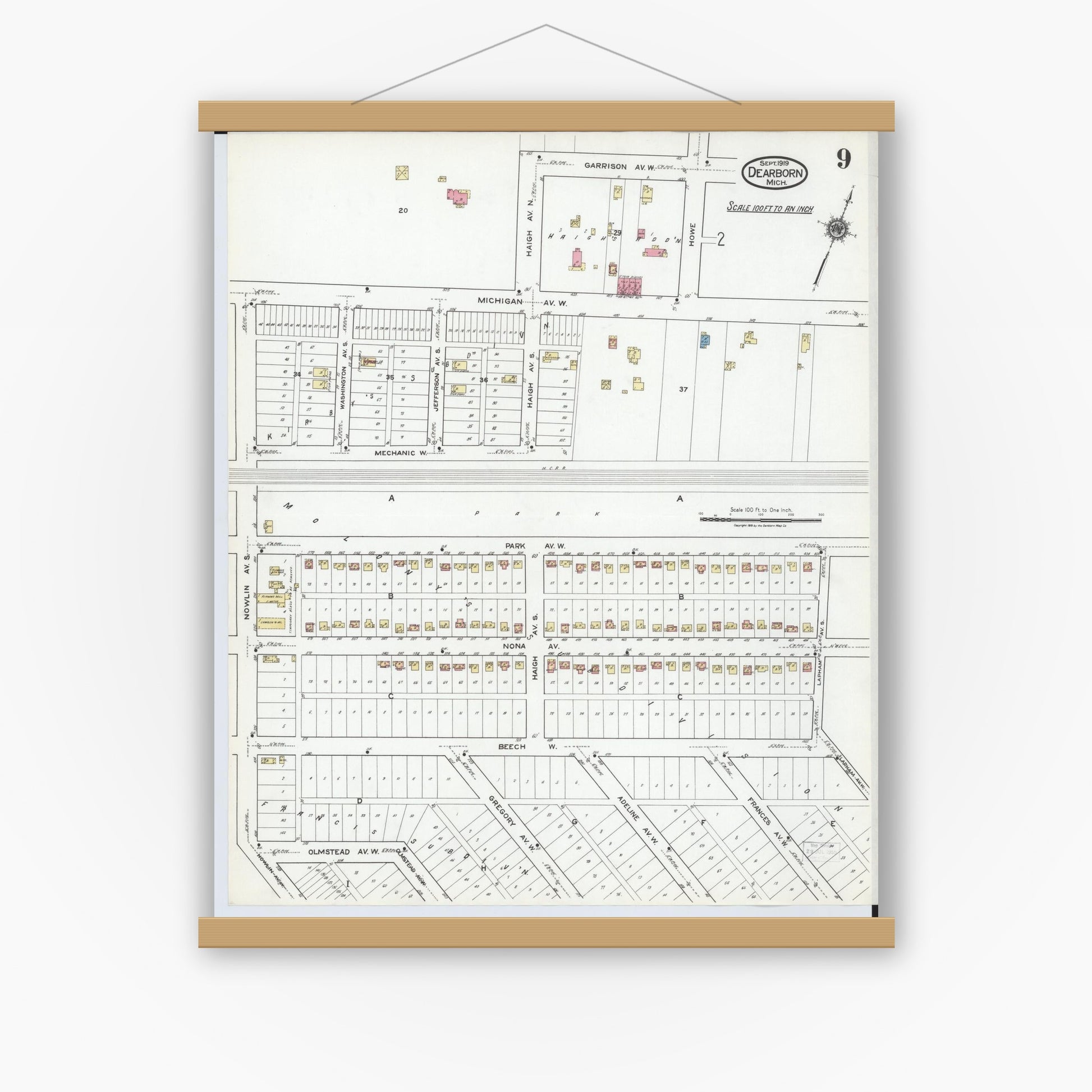 Old map wall art mockup — magnetic wood frame on white wall — Sanborn Fire Insurance Map from Dearborn, Wayne County, Michigan (1919), Sheet #0009