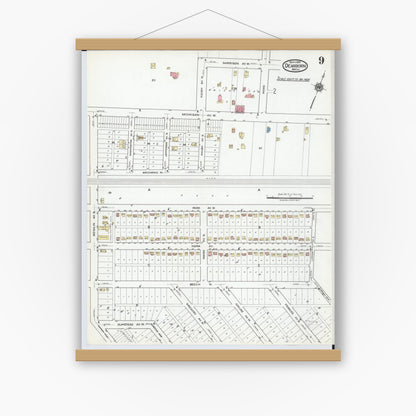 Old map wall art mockup — magnetic wood frame on white wall — Sanborn Fire Insurance Map from Dearborn, Wayne County, Michigan (1919), Sheet #0009