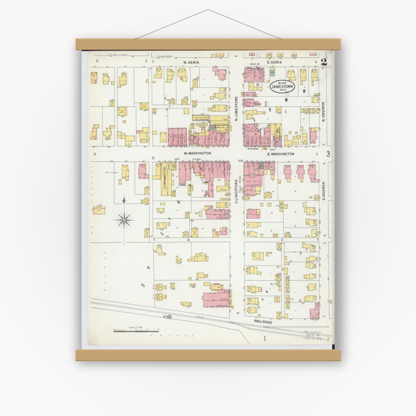 Old map wall art mockup — magnetic wood frame on white wall — Sanborn Fire Insurance Map from Jamestown, Greene County, Ohio (1899), Sheet #0002