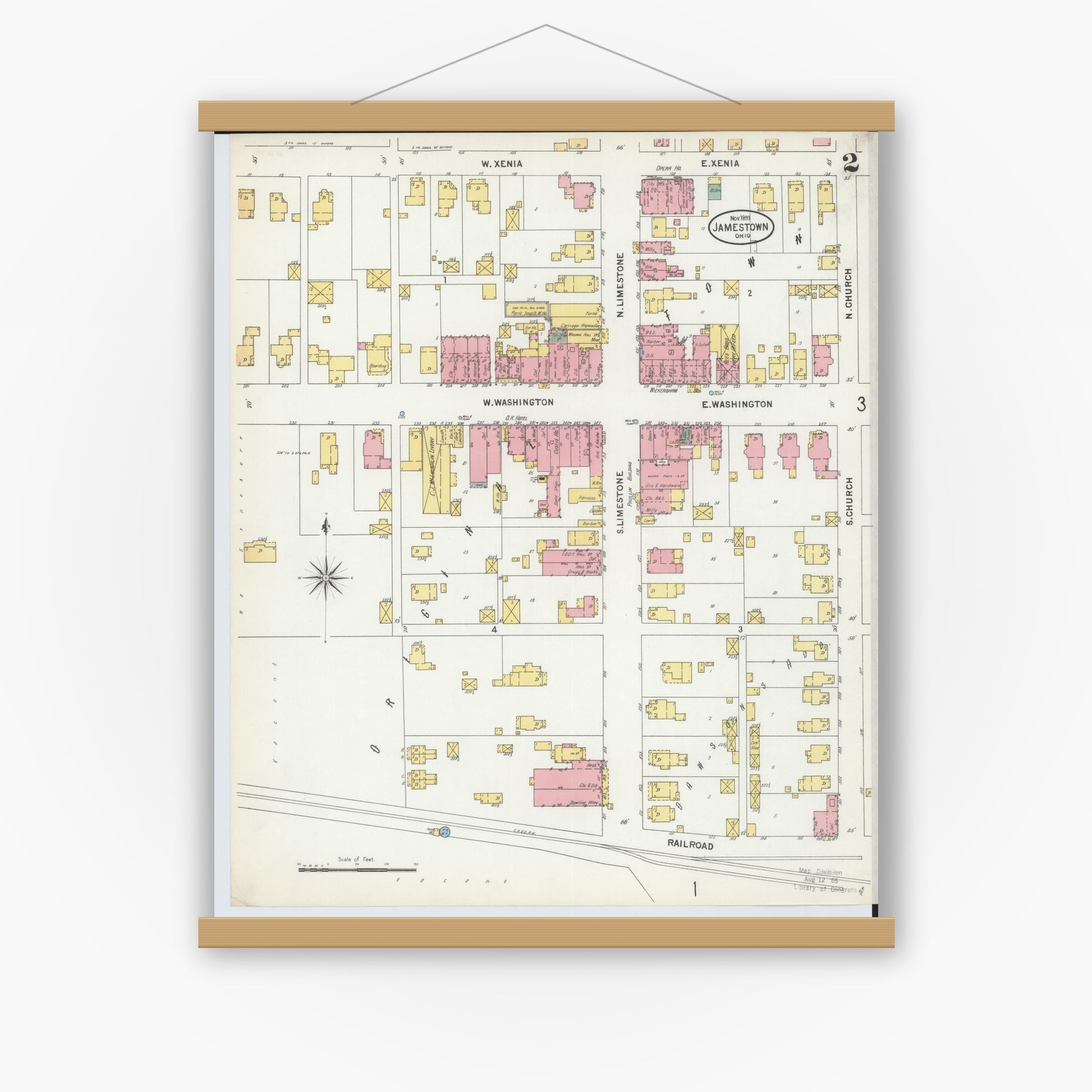 Old map wall art mockup — magnetic wood frame on white wall — Sanborn Fire Insurance Map from Jamestown, Greene County, Ohio (1899), Sheet #0002