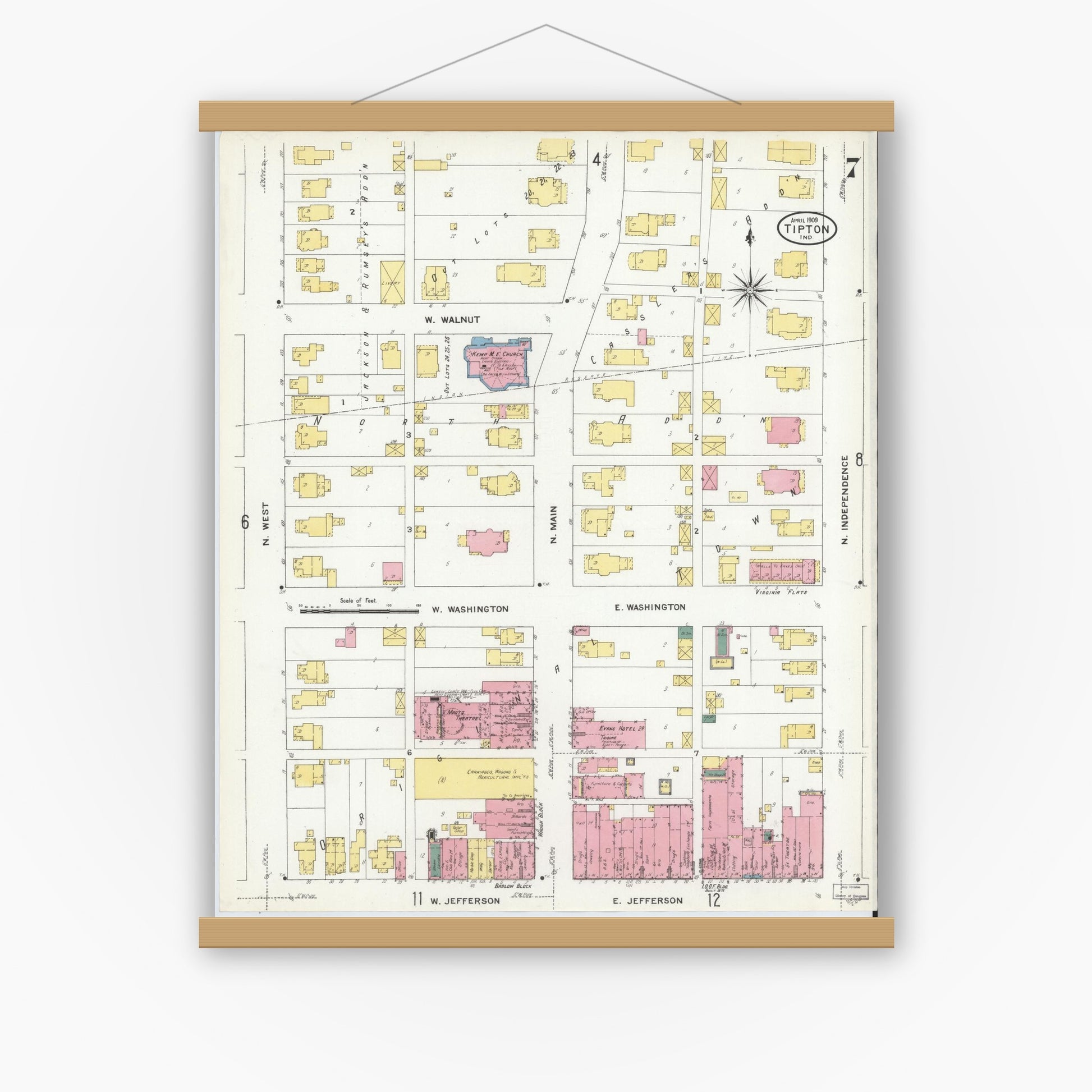 Old map wall art mockup — magnetic wood frame on white wall — Sanborn Fire Insurance Map from Tipton, Tipton County, Indiana (1909), Sheet #0007